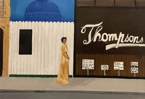 Painting of woman standing on a sidewalk in a yellow dress