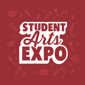 Dark Red Graphic with Student Arts Expo Logo and Hand drawn doodles of art symbols