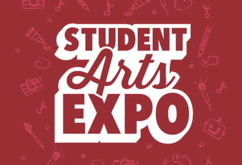 Dark Red Graphic with Student Arts Expo Logo and Hand drawn doodles of art symbols