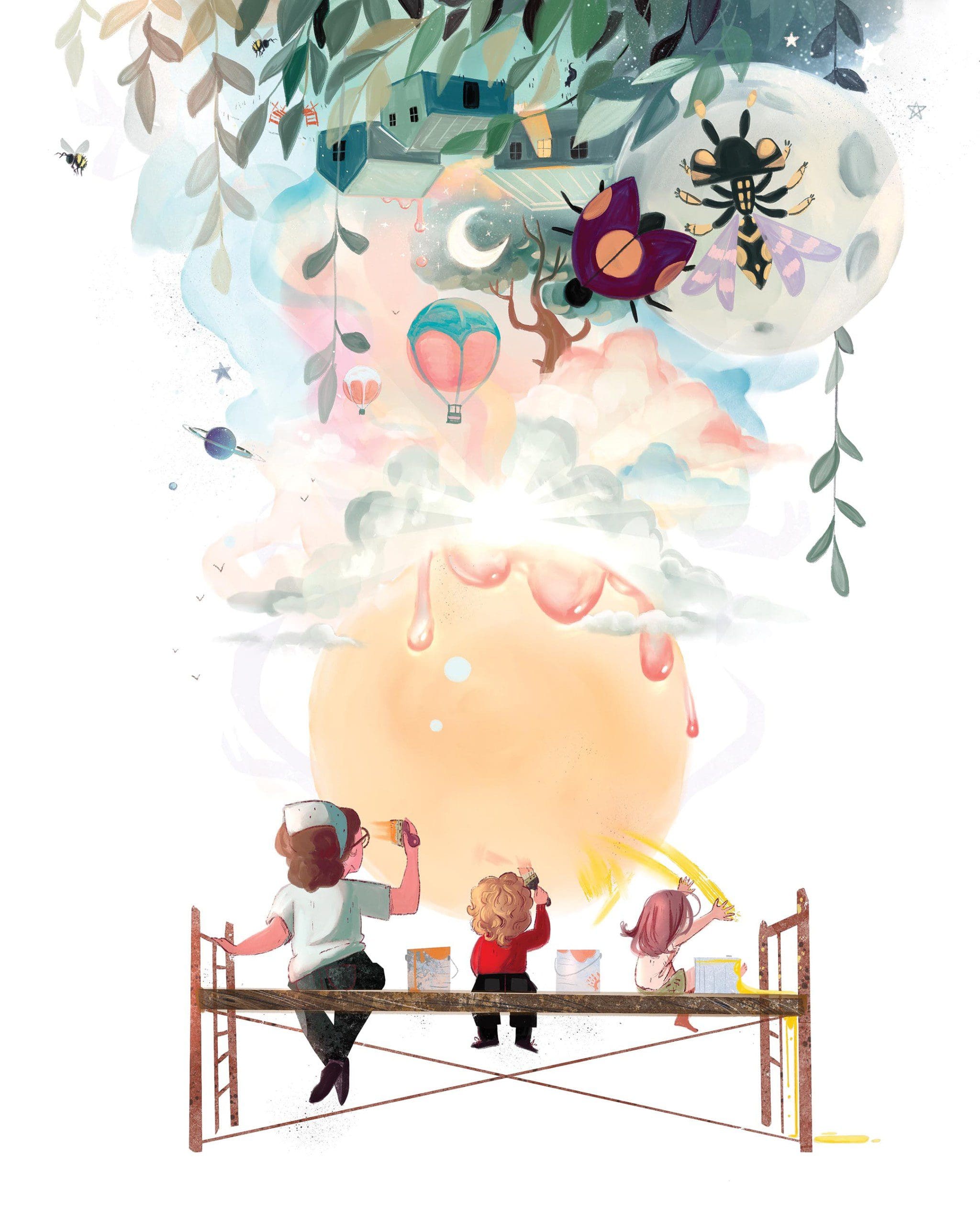 An illustration of a teacher and two students sitting on scaffolding with their backs towards us, painting a beautiful. scape with upside down houses, a crescent moon, hot air balloons, some bugs and some planets. Illustrated by Sara Willia