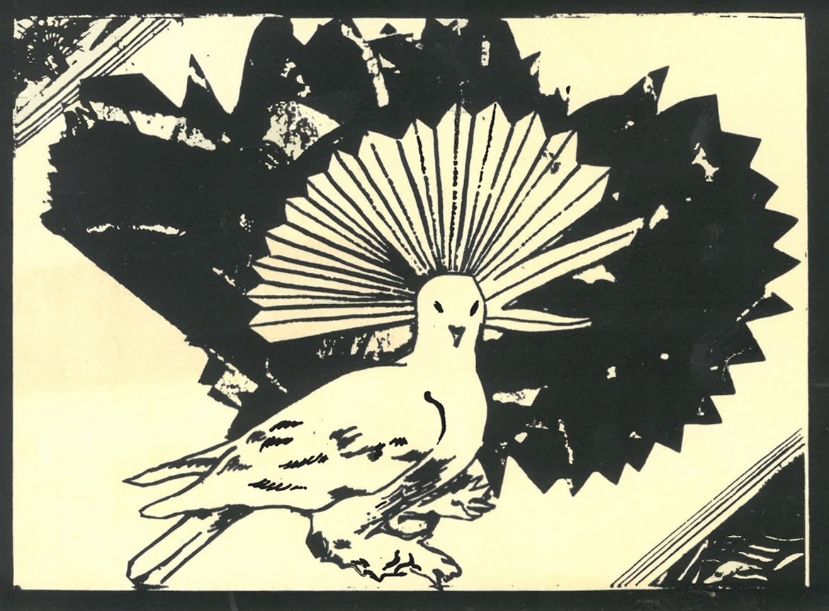 Artists' Alliance Linocut of dove and palmetto, on display at AcA Main Gallery